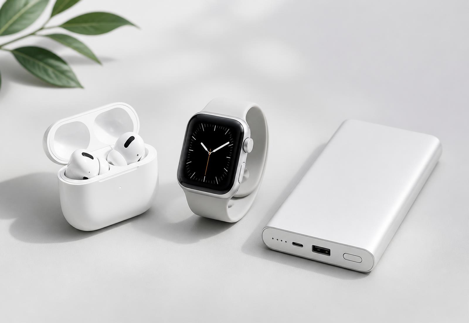 Wireless earbuds, a smartwatch and a slim power bank on a light surface